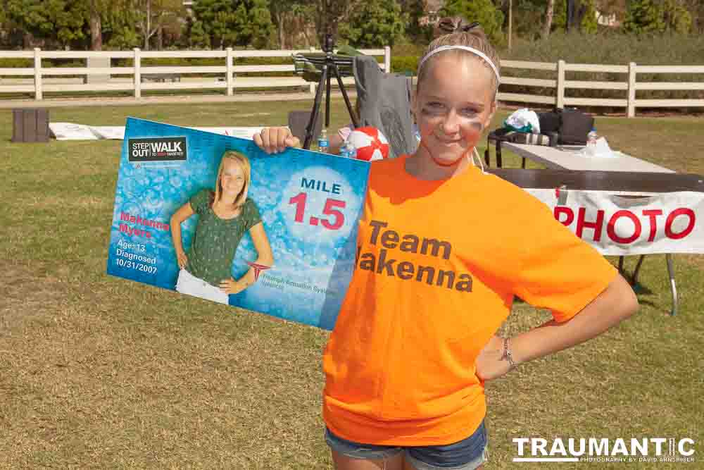 Makenna proudly posing with her Mile Marker.