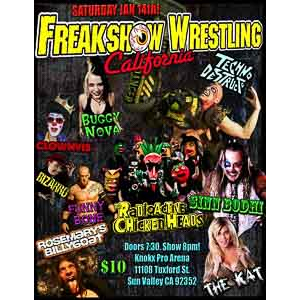 Various photographs of the Freakshow Wrestling California event on 01/14/2012.  This was my first time shooting the event.  I was actually brought in to do some custom shots of the wrestlers for web site animations.