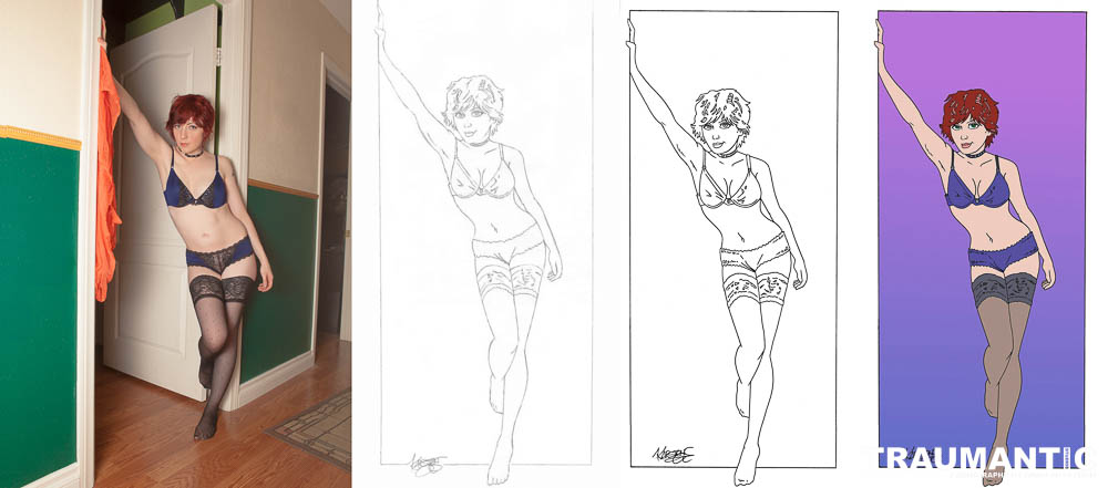 Inspired by a pinup painting, we made photographs that became a drawing.