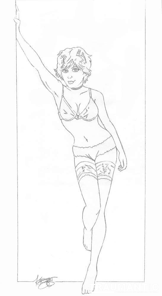 Inspired by a pinup painting, we made photographs that became a drawing.