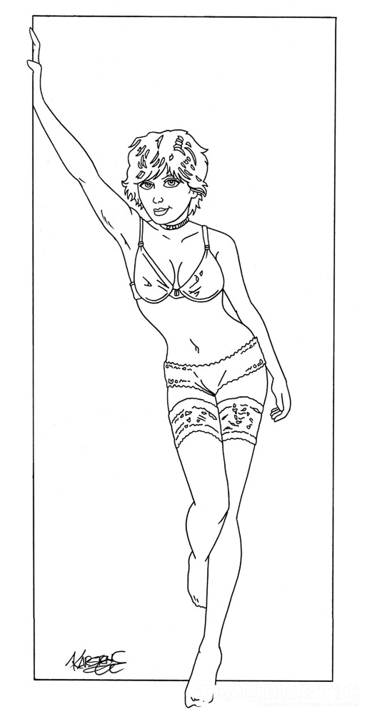 Inspired by a pinup painting, we made photographs that became a drawing.