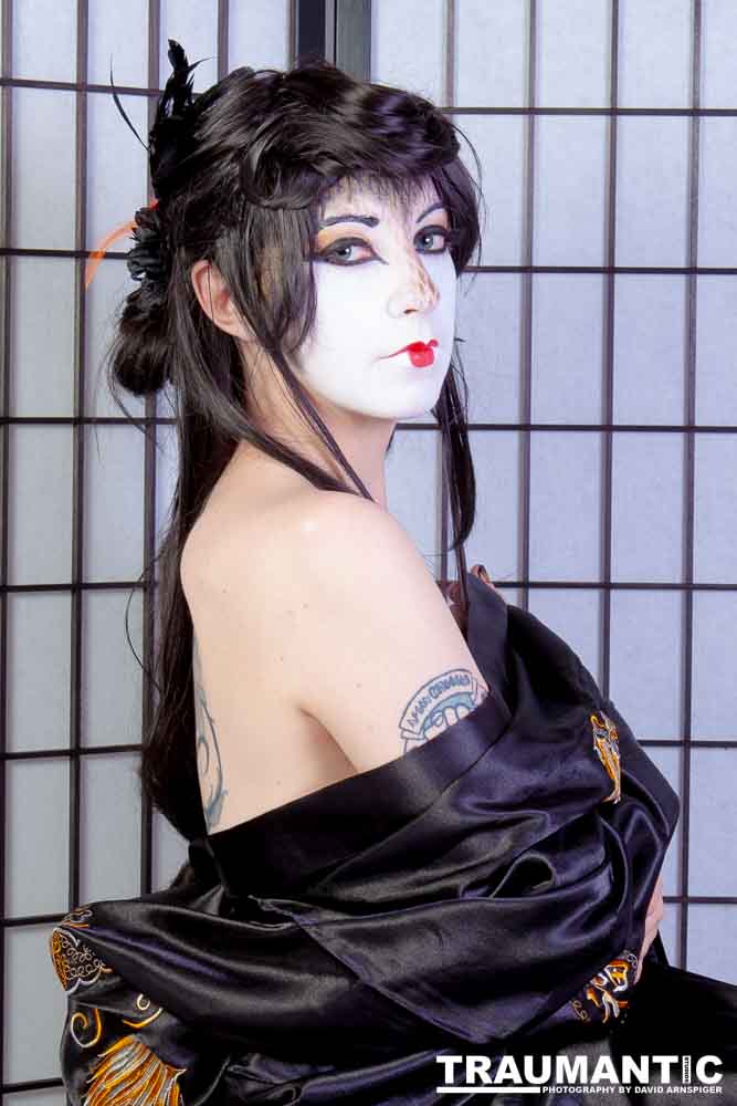 Rebecca had an idea for some Geisha style makeup.  Here's the result.