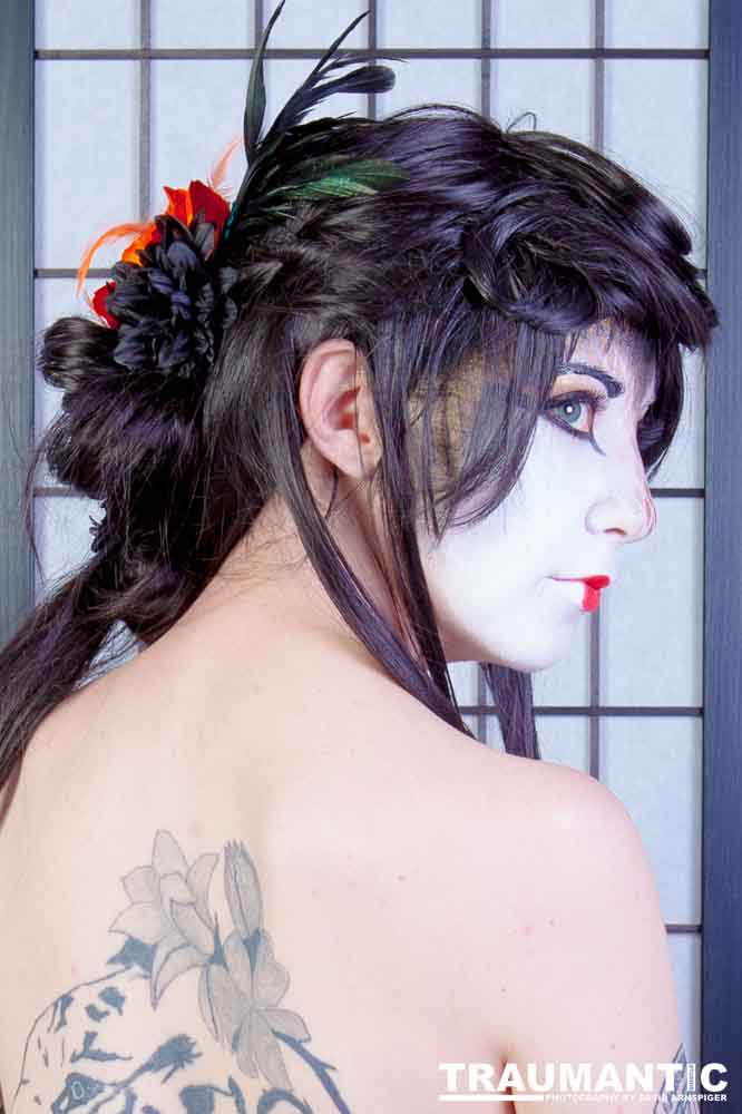 Rebecca had an idea for some Geisha style makeup.  Here's the result.