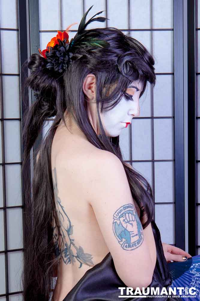 Rebecca had an idea for some Geisha style makeup.  Here's the result.