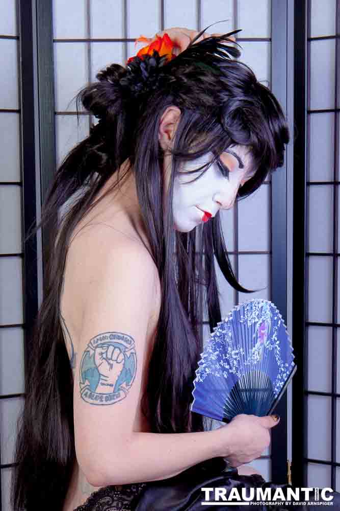 Rebecca had an idea for some Geisha style makeup.  Here's the result.