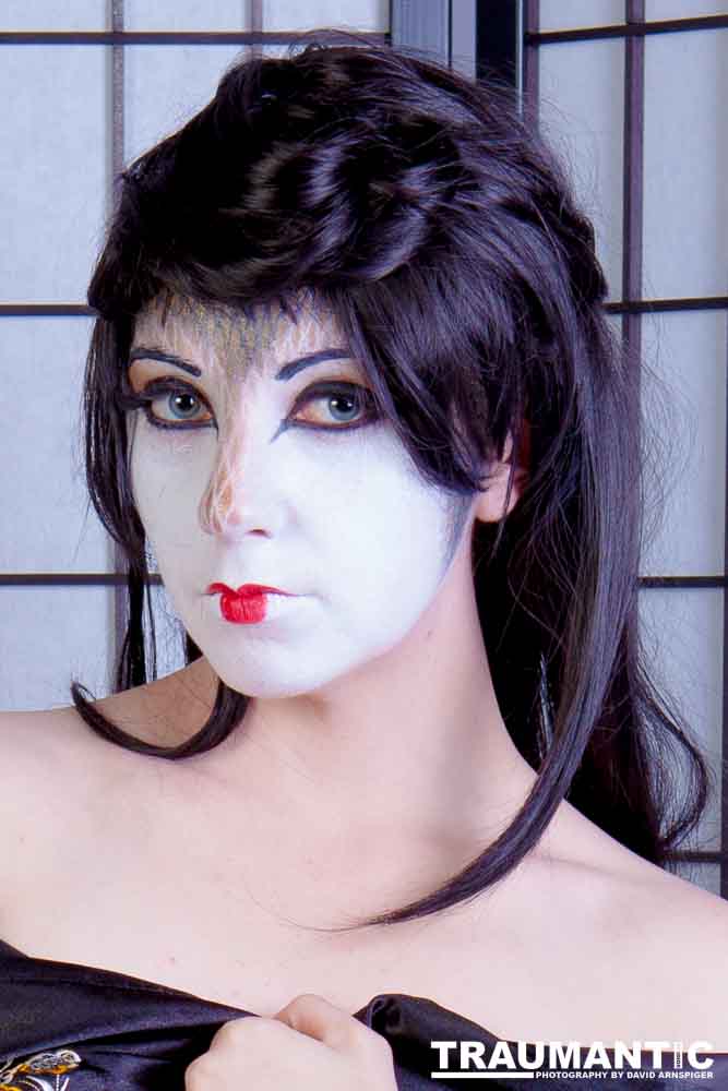 Rebecca had an idea for some Geisha style makeup.  Here's the result.