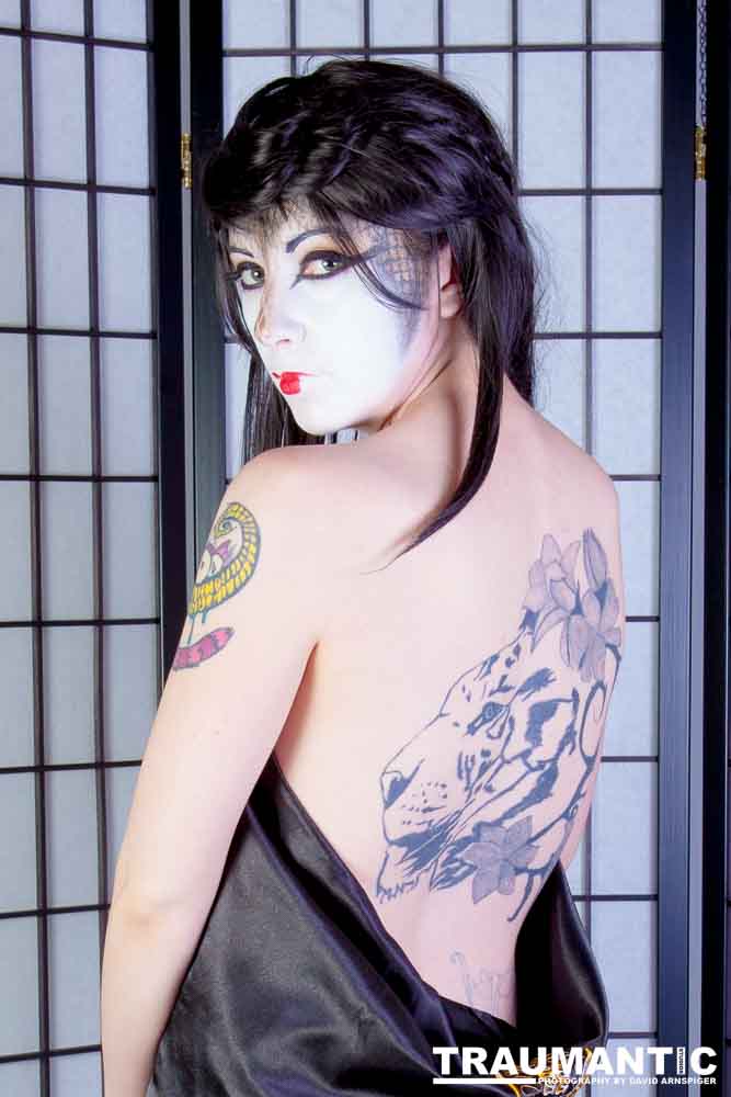 Rebecca had an idea for some Geisha style makeup.  Here's the result.